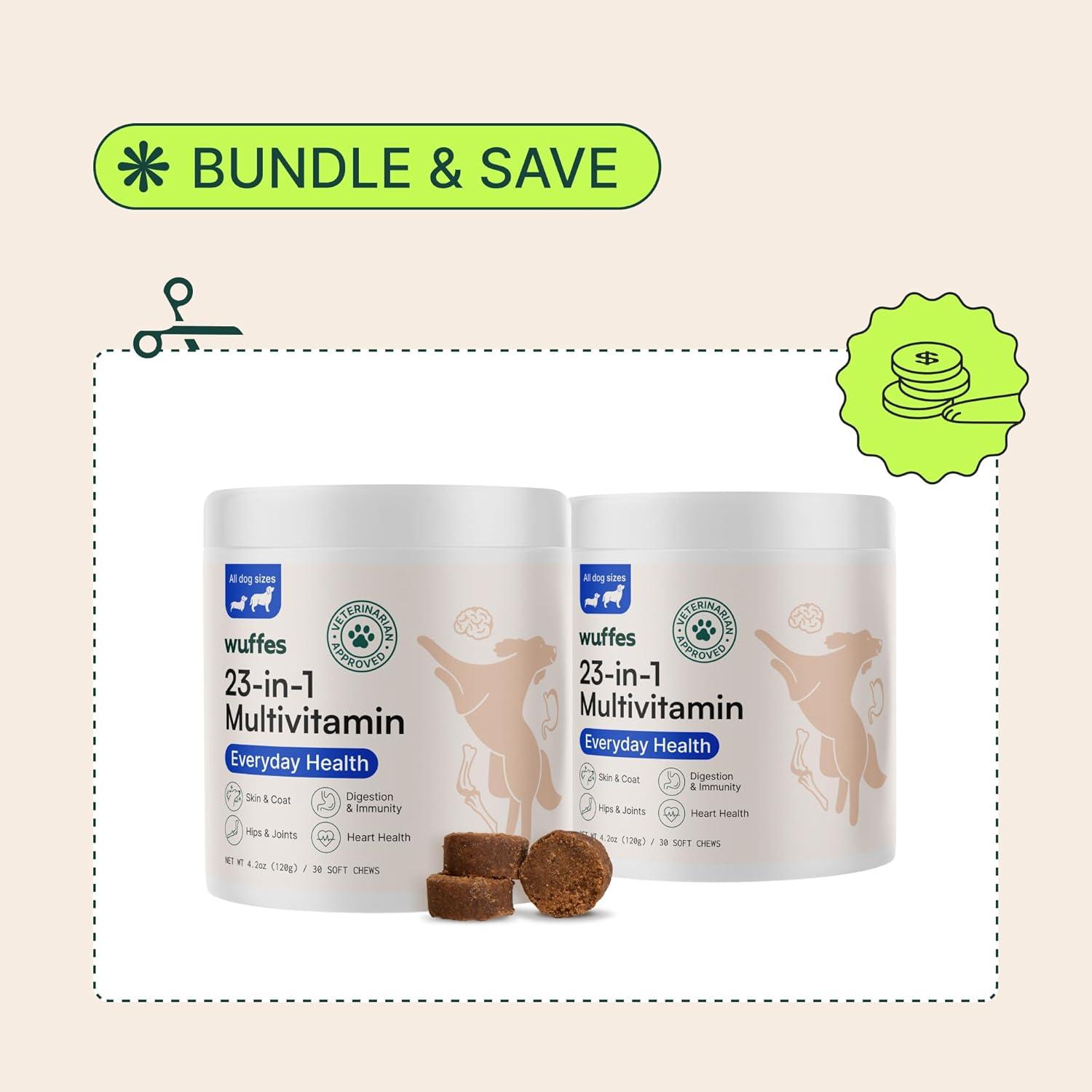 imageWuffes 23in1 Dog Multivitamin Supplement for Hip ampamp Joint Skin ampamp Coat and Immune System Support with Omega 3 Iron Zinc Vitamin C  Minerals ampamp Vitamins for Senior Dogs and Puppies  30 Soft Chews60 Chews Pack of 2