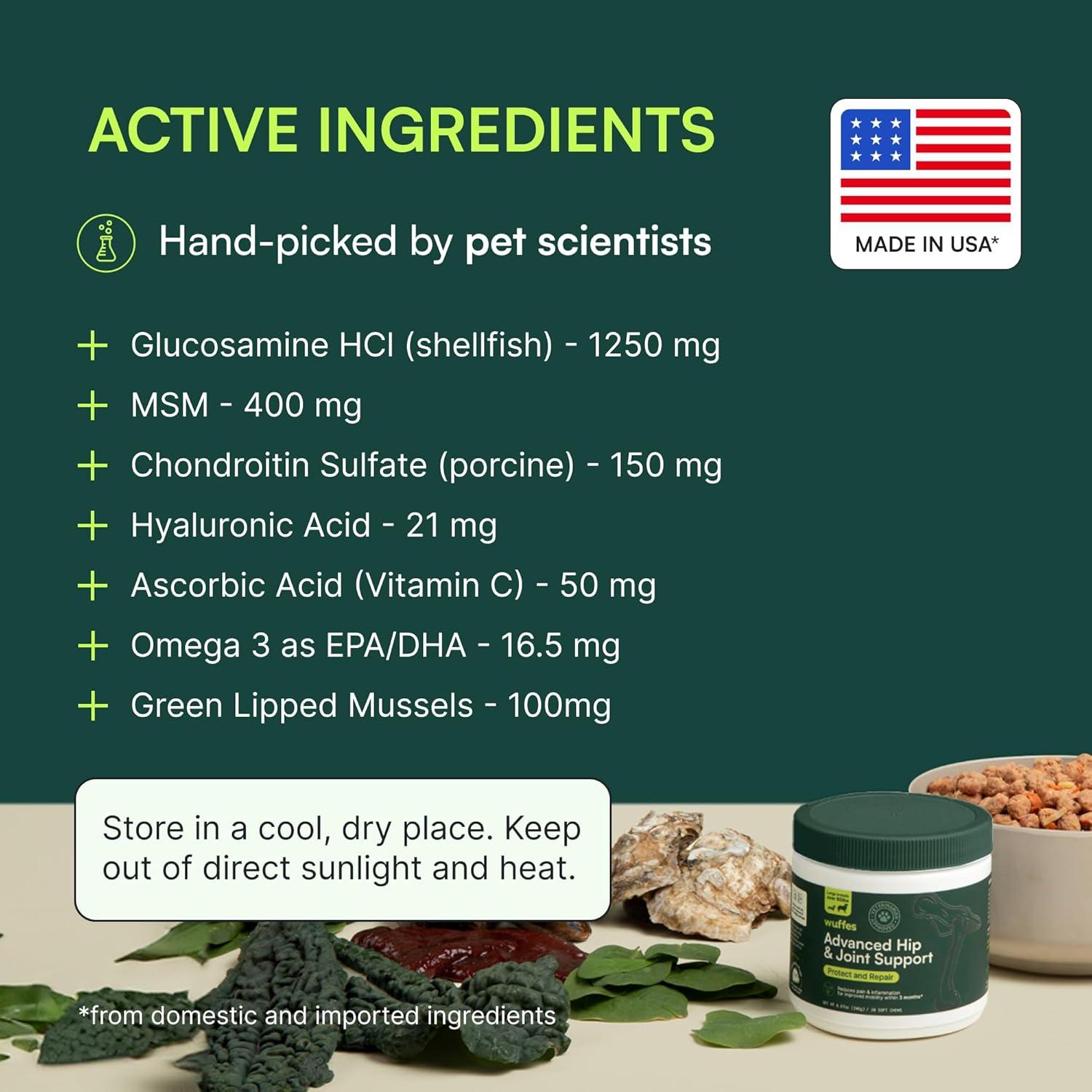 imageWuffes Advanced Dog Hip and Joint Supplement with Glucosamine Chondroitin Omega 3 MSM and Green Lipped Mussel 60 Pork Flavored Chews for Small and Medium Dog BreedsLarge Breed