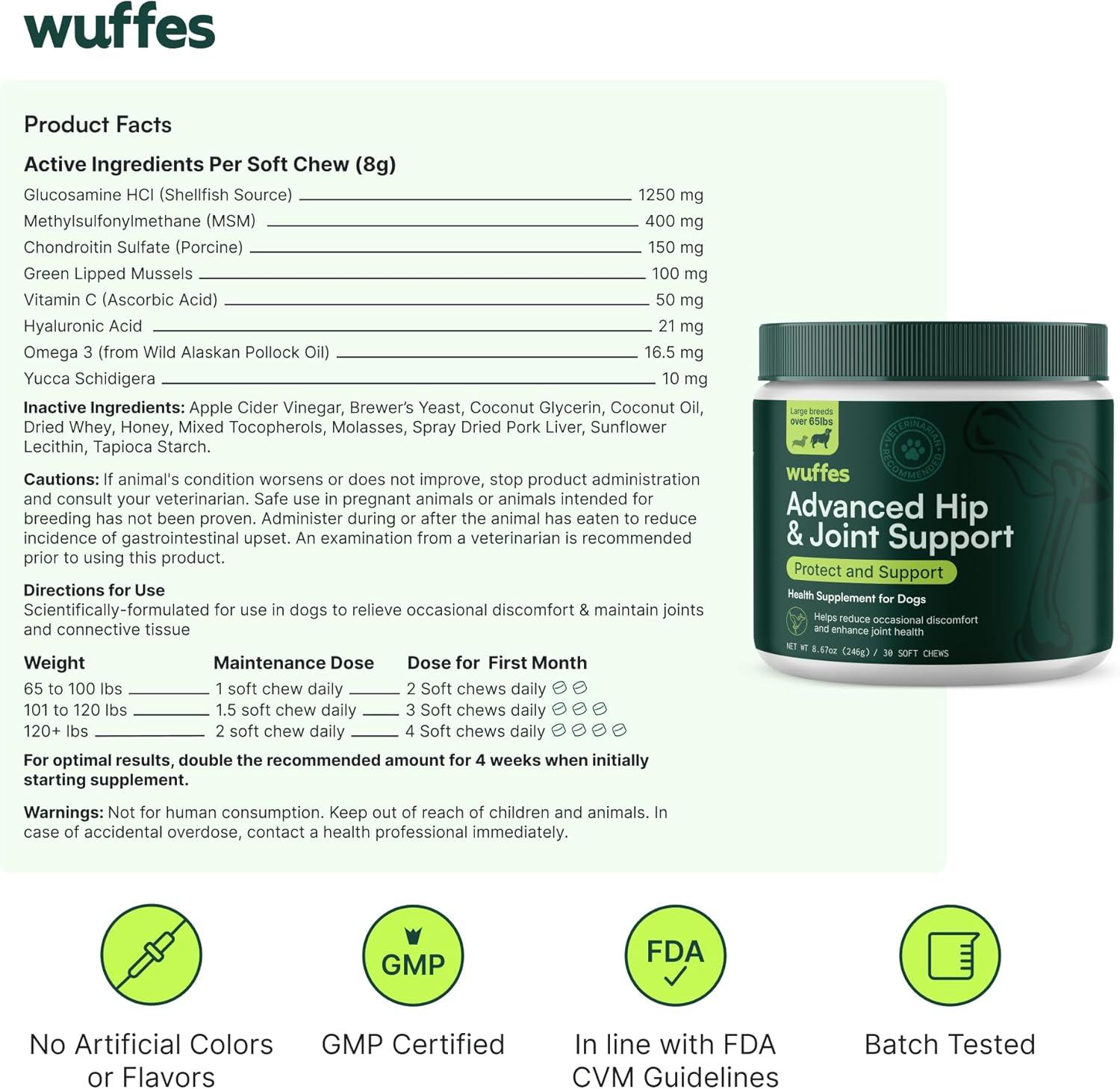 imageWuffes Advanced Dog Hip and Joint Supplement with Glucosamine Chondroitin Omega 3 MSM and Green Lipped Mussel 60 Pork Flavored Chews for Small and Medium Dog BreedsLarge Breed