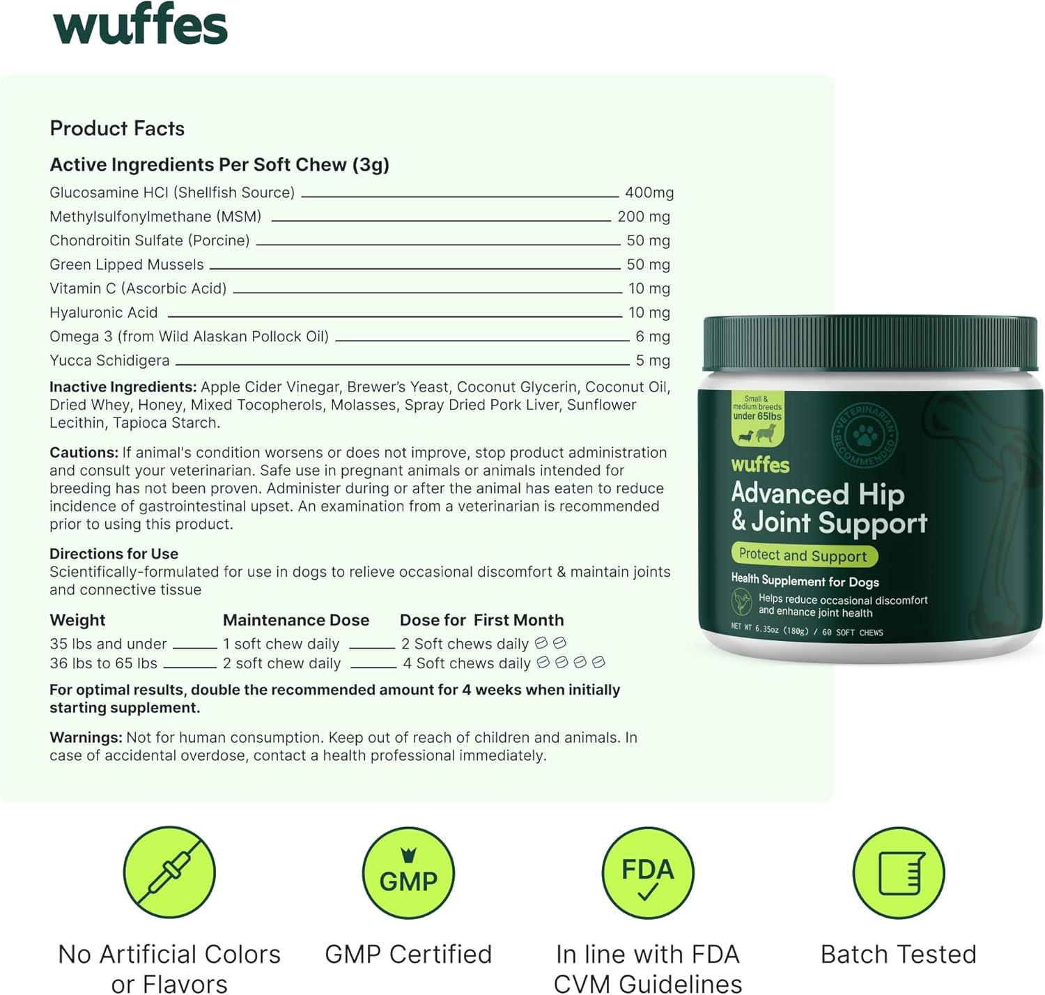 imageWuffes Advanced Dog Hip and Joint Supplement with Glucosamine Chondroitin Omega 3 MSM and Green Lipped Mussel 60 Pork Flavored Chews for Small and Medium Dog BreedsSmall  Large Breed