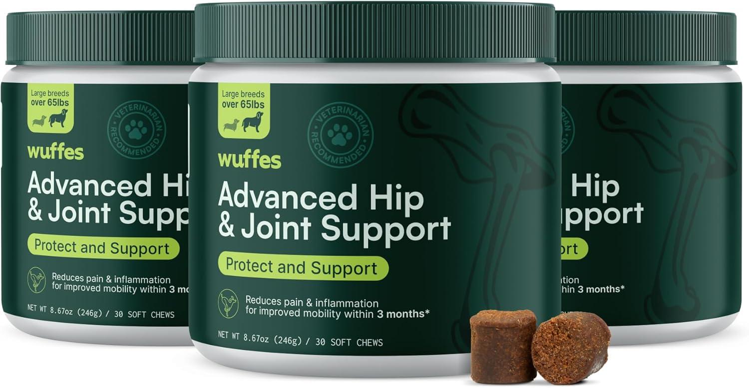 imageWuffes Advanced Dog Hip and Joint Supplement with Glucosamine Chondroitin Omega 3 MSM and Green Lipped Mussel 60 Pork Flavored Chews for Small and Medium Dog BreedsLarge Breed