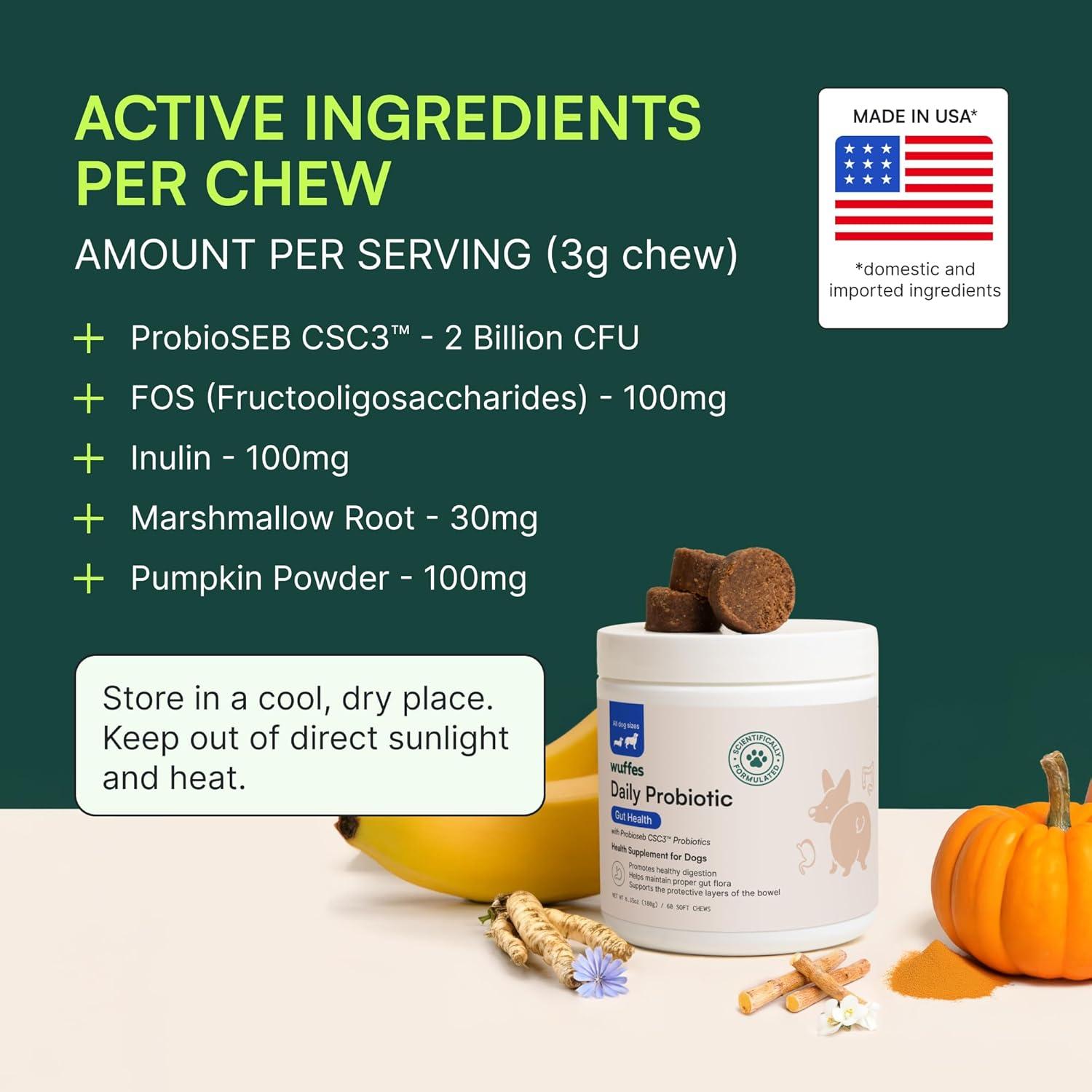 imageWuffes Daily Probiotic for Dogs  Supports Digestive Health Gut Balance and Immune System  with Prebiotics Marshmallow Root and Pumpkin Powder  60 Soft Chews60 Chews Pack of 1