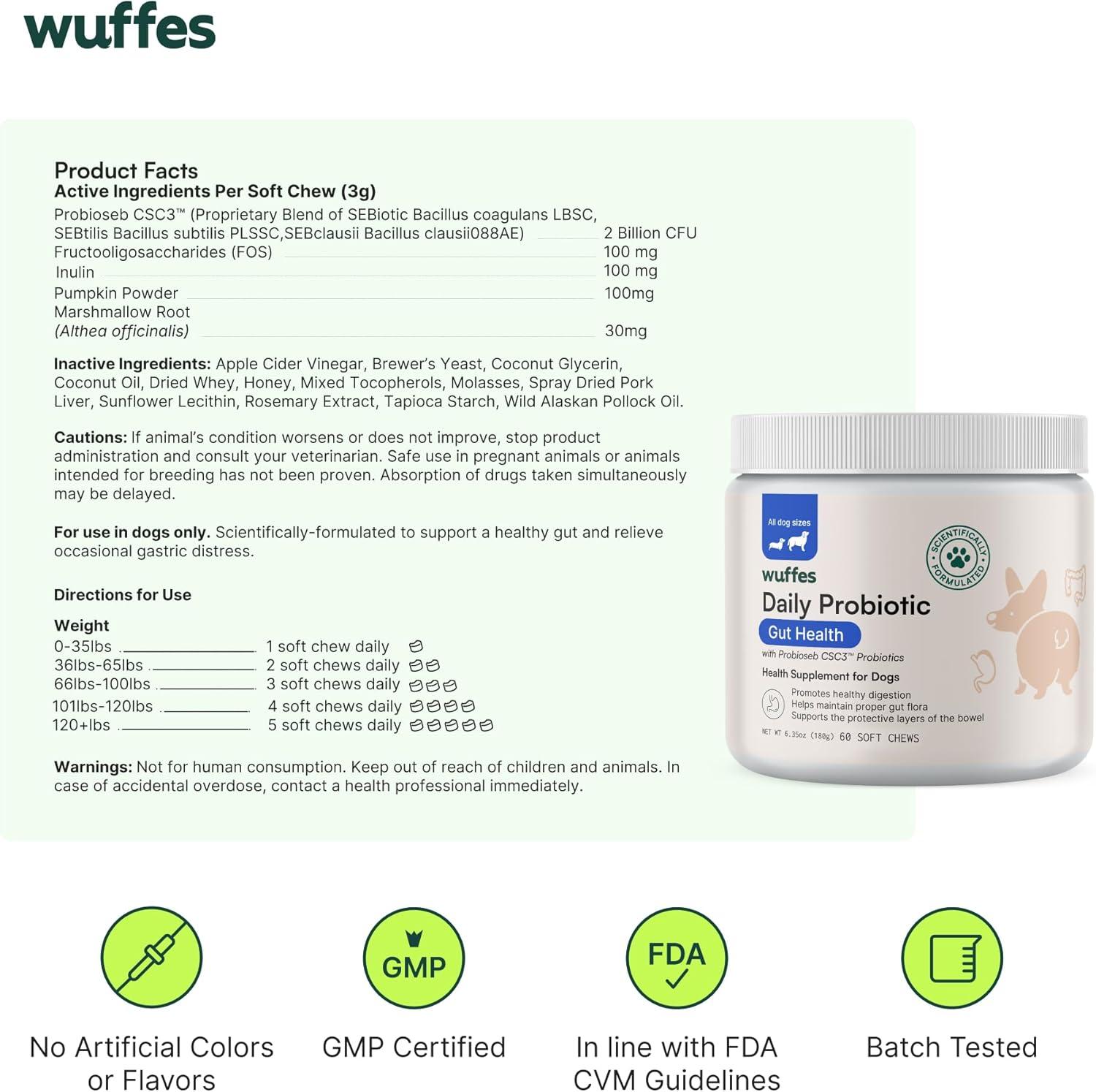 imageWuffes Daily Probiotic for Dogs  Supports Digestive Health Gut Balance and Immune System  with Prebiotics Marshmallow Root and Pumpkin Powder  60 Soft Chews120 Chews Pack of 2