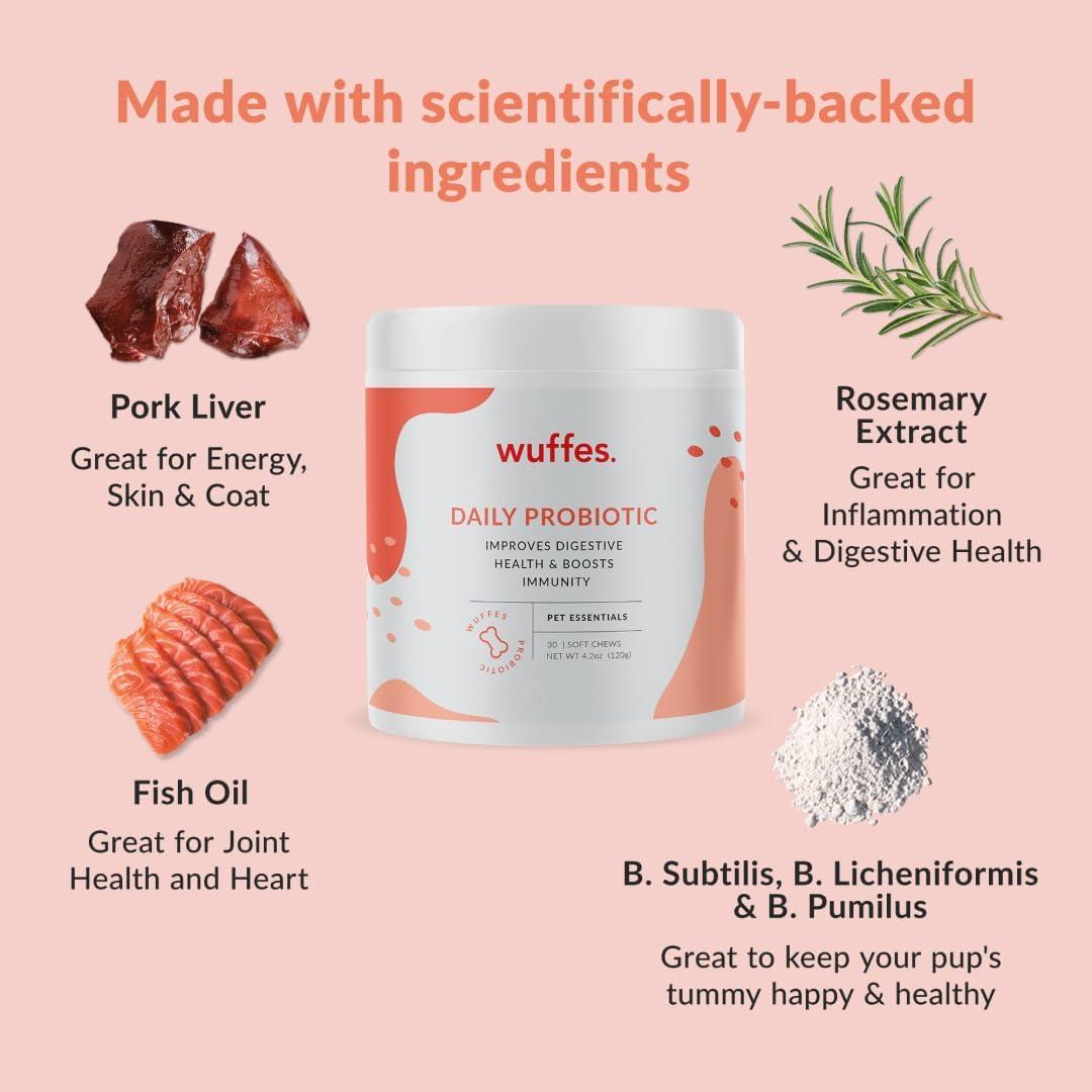 imageWuffes Digestive Probiotics for Dogs  Probiotic Chews for Dogs for Itching  Dog Health Pet Supplies  Dog Vitamins and Supplements  30 Probiotic Dog Chews ampamp Digestive Enzymes for Itchy Skin ampamp Gut