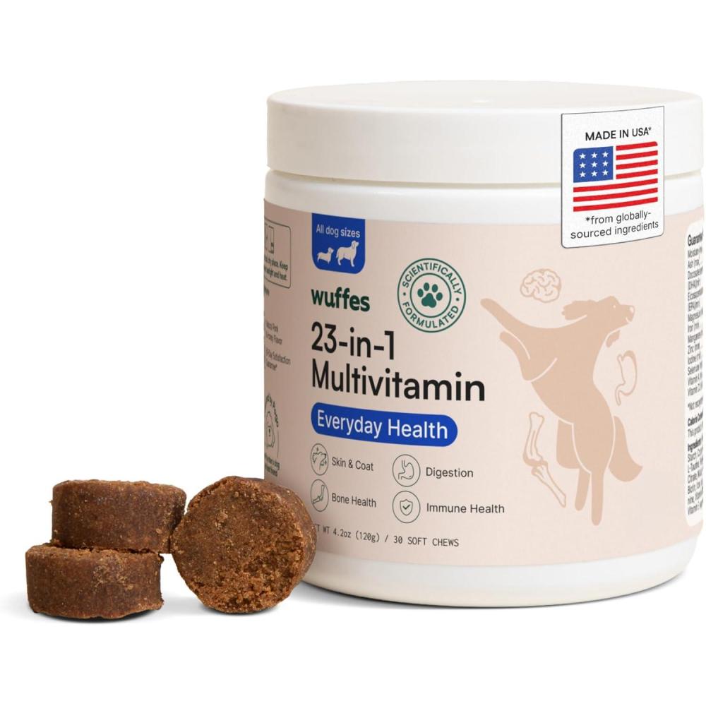 imageWuffes 23in1 Dog Multivitamin Supplement for Hip ampamp Joint Skin ampamp Coat and Immune System Support with Omega 3 Iron Zinc Vitamin C  Minerals ampamp Vitamins for Senior Dogs and Puppies  30 Soft Chews30 Chews Pack of 1