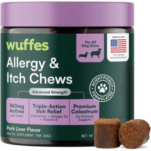 imageWuffes Allergy amp Itch Soft Chews Dog Allergy Support with Colostrum Vitamin E and Omega 3s for Dogs NonDrowsy Immune and Itchy Skin Support for All Dogs 60 Soft Chews